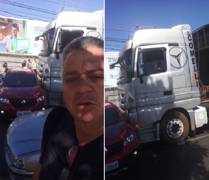 Carreta arrasta carro por 100 metros em frente  Rodoviria de Cuiab e ocupantes saem ilesos